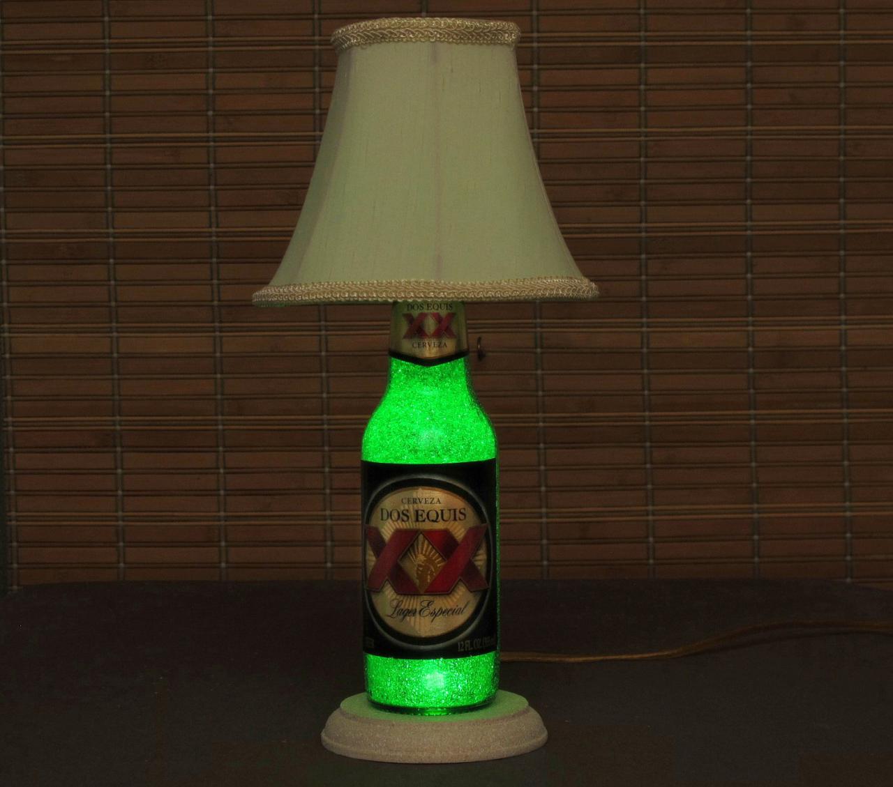 Dos Equis Beer Bottle Lamp/bar Light- W/ Shade Video Demo /11 Year Led - Intense Green Glow /"diamond Like" Glass Crystals On