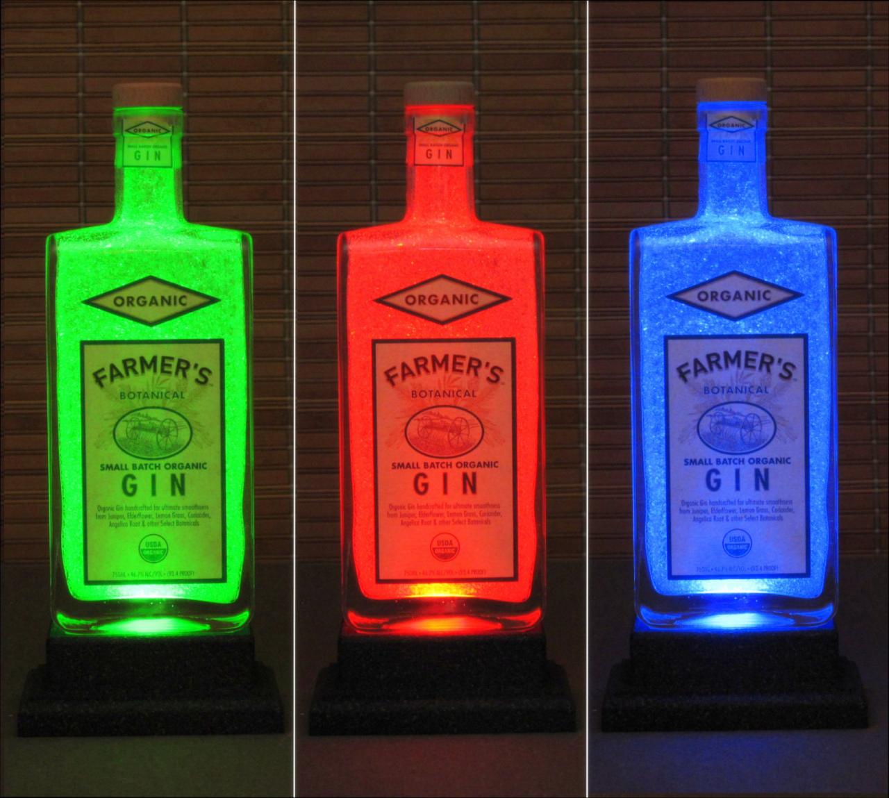 Farmers Organic Gin Color Changing Bottle Lamp Bar Light LED Remote Control Bodacious Bottles