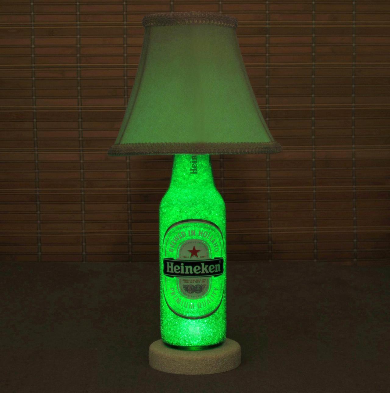 Heineken 12oz Beer Bottle Led Accent Lamp Bar Light- W/ Shade Intense Green Glow /"diamond Like" Glass Crystals On Inside