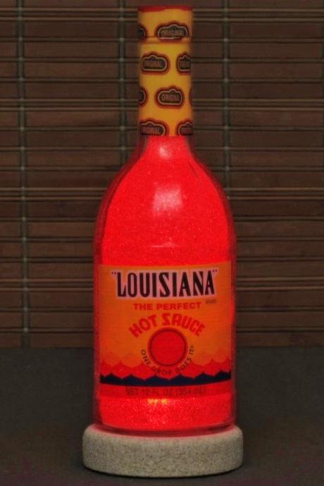 Louisiana Hot Sauce Glass Bottle Lamp Night Light New Orleans Ruby Red Glow